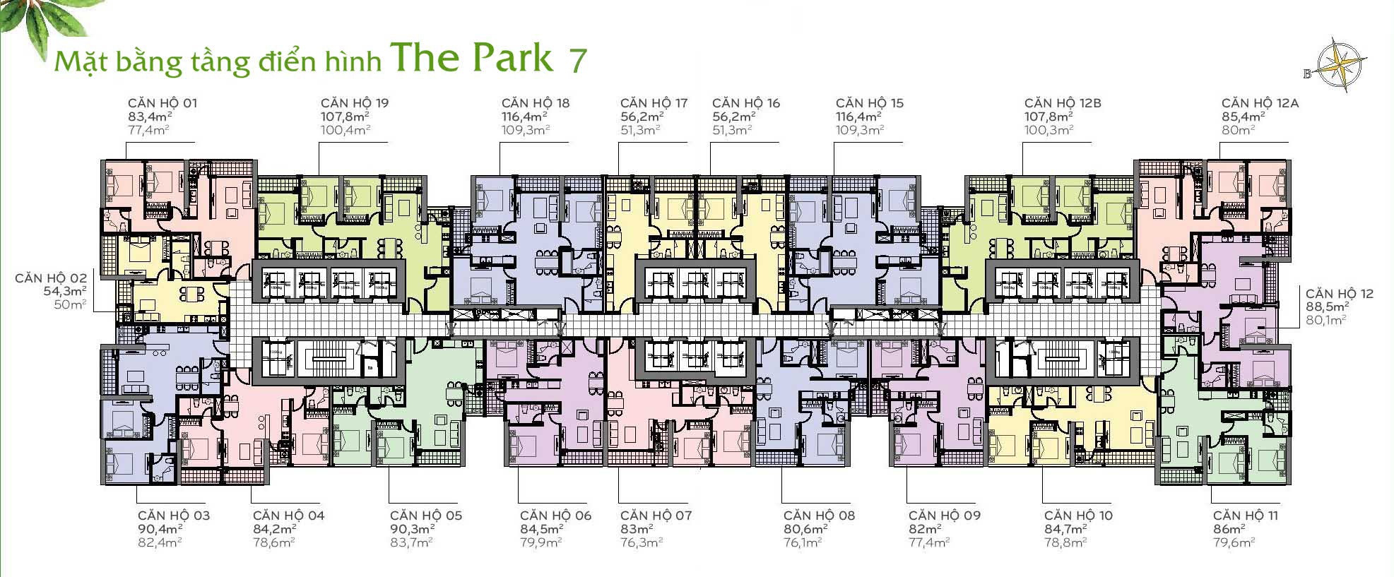 Layout Mặt Bằng Tầng Điển Hình - Tòa The Park 7 - Vinhomes Central Park