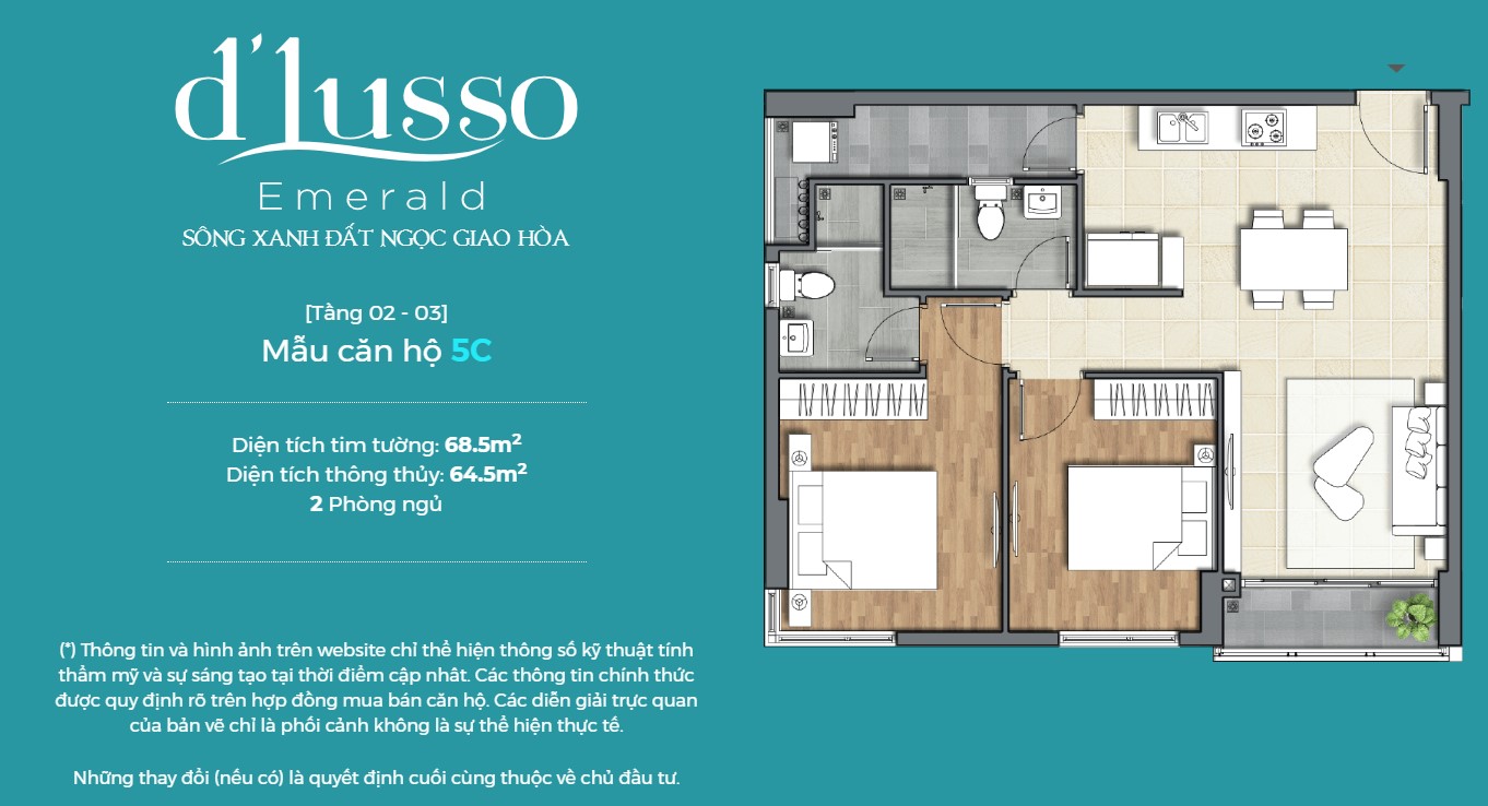 Mẫu căn hộ D’lusso 2 phòng ngủ tầng 2-3